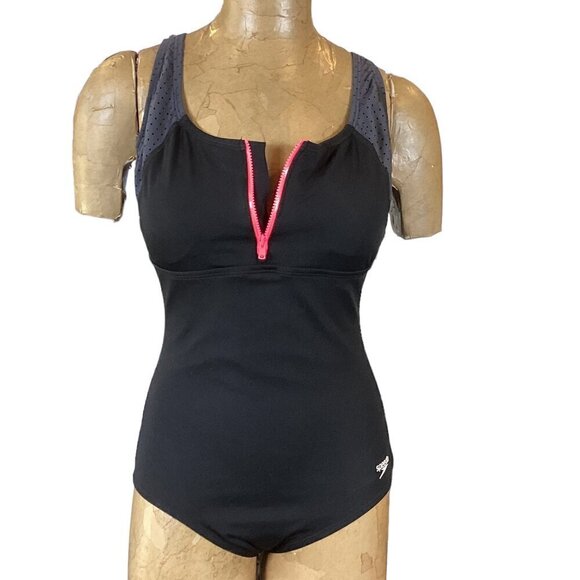 Speedo Endurance+ One Piece Swimsuit Black Zip Neck Sz 8 #293M - Picture 3 of 9